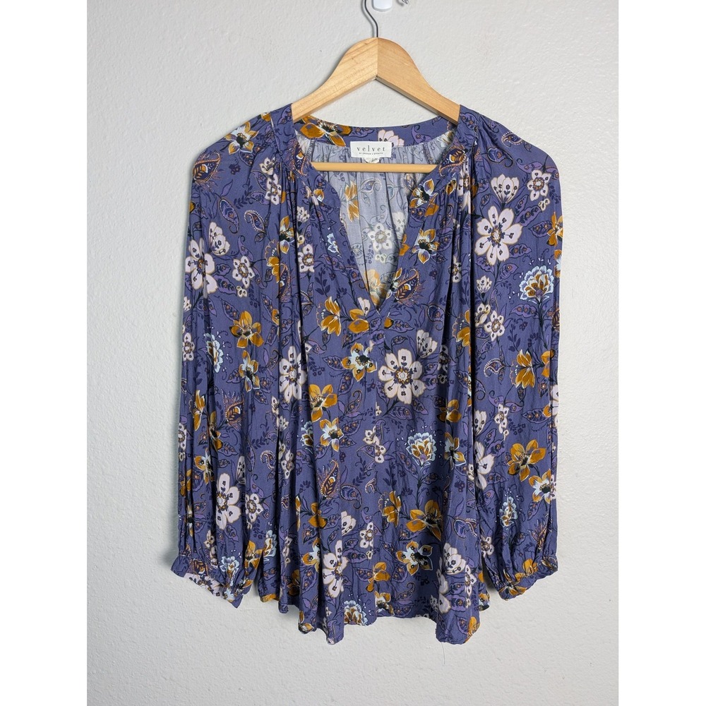 Velvet By Graham & Spencer Blouse Womens L Purple Floral V-Neck Long Sleeve